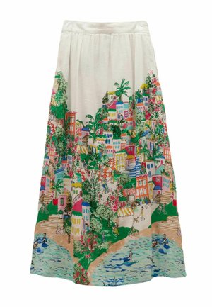 Weißer Rock mit farbenfrohem Küstendorf-Print mit Häusern, Bäumen, Menschen, Fahrrädern und Wasserszenen in einem detaillierten, lebendigen Design.