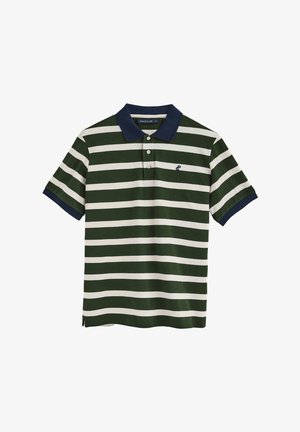 Grøn- og hvidstribet polo t-shirt med en marineblå krave, tre-knaps lukning og lille logo på venstre bryst. Lavet af bomuldsstof, korte ærmer.