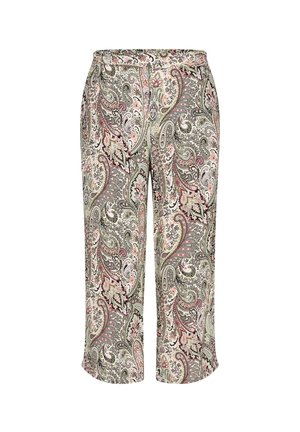 High-waisted cropped pants with wide legs, featuring a multicolor paisley pattern in shades of pink, green, beige, and black.