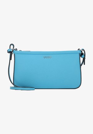 Modrá syntetická crossbody taška s hladkým povrchem, jemným logem a nastavitelným popruhem. Obsahuje zipový uzávěr a kontrastní lem.