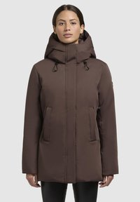 Brown insulated jacket with a high collar, adjustable hood, and front pockets. Smooth texture with a sleek, straight cut design.
