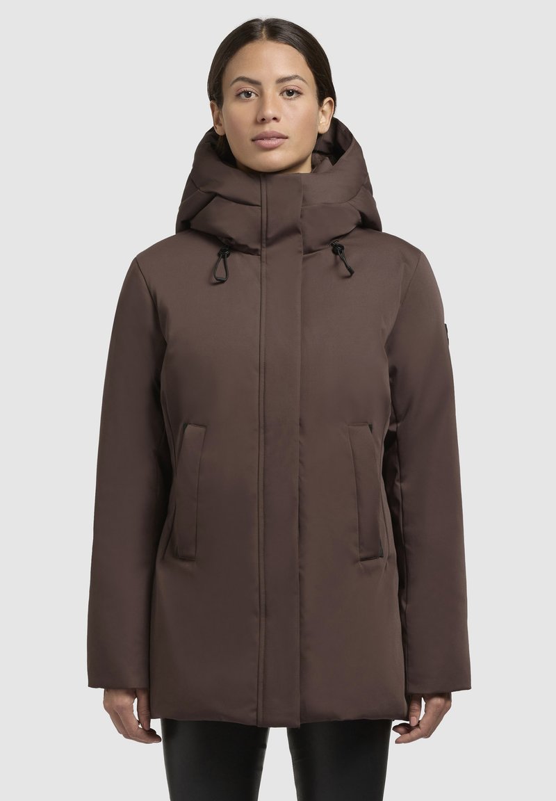 Brown insulated jacket with a high collar, adjustable hood, and front pockets. Smooth texture with a sleek, straight cut design.