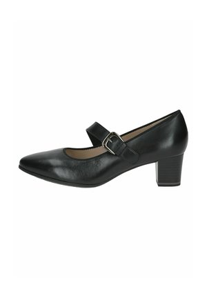 Black leather Mary Jane-style shoe with a rounded toe, ankle strap and a small block heel. Smooth texture with a subtle sheen.