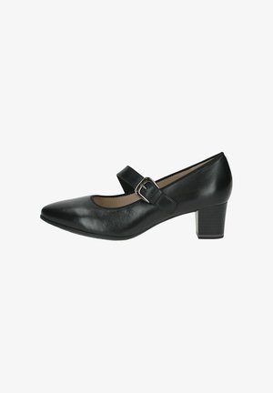 Chaussure en cuir noir de style Mary Jane avec un bout arrondi, une sangle à la cheville et un petit talon bloc. Texture lisse avec un éclat subtil.