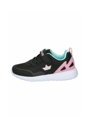 Schwarzer und pinker Kindersportschuh mit hellblauem Innenfutter, Mesh-Obermaterial, weißer Sohle und Klettverschluss.