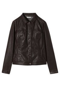 Giacca in finta pelle marrone con zip frontale, colletto appuntito, due tasche sul petto, tasche laterali e texture liscia.