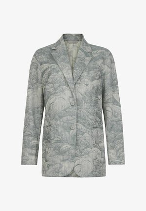 Damska dopasowana marynarka z subtelnym zielono-szarym botanicznym wzorem, z kołnierzykiem typu klapy, dwoma guzikami i przednimi kieszeniami na cięcia.