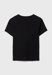 Zwarte korte mouwen t-shirt met een klassiek ronde hals ontwerp. Gemaakt van zacht katoenmateriaal, met een schone, naadloze achterkant.