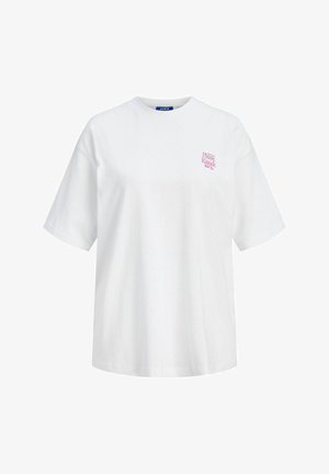 Balti trumpomis rankovėmis marškinėliai su apvalia kaklo iškirpte ir mažu rožinės spalvos užrašu „Please Knock“ kairėje krūtinės pusėje.