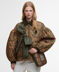 Grüne, gesteppte Bomberjacke mit aufwändigem orangefarbenem Blumenmuster. Verfügt über eine Schleifendetail an den Ärmeln und eine passende Schultertasche.