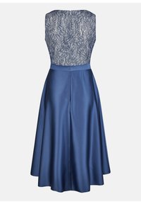 Blaues Kleid mit einem Spitzen-Mieder, ärmellos und einem fließenden Satinrock. Der Rücken ist strukturiert mit einer glatten Oberfläche und einem Reißverschluss hinten.