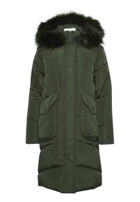Olivengrøn pufferjakke med en pelsforet hætte, der har lynlåslukning, to store forlommer og en mellemlang design.