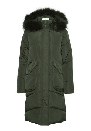 Olijfgroene pufferjas met een bontvoering in de capuchon, voorzien van een ritssluiting, twee grote voorkruiken en een middellange pasvorm.