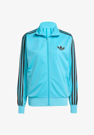 Blue zip-up jacket made from smooth polyester, featuring brown three-stripe details on sleeves and a subtle logo on the chest.