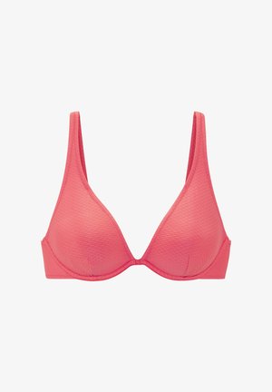 Korálovo ružová textúrovaná podprsenka s trojuholníkovými košíčkami, nastaviteľnými ramienkami a kosticovou oporou na bielom pozadí.