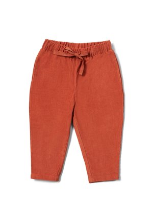 Rust-colored corduroy pants with an elastic waistband and tie detail, featuring tapered legs and subtle texture throughout.