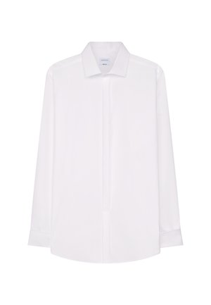 Weißes, langärmliges Hemd mit spitzem Kragen und verdeckter Knopfleiste, auf weißem Hintergrund dargestellt.
