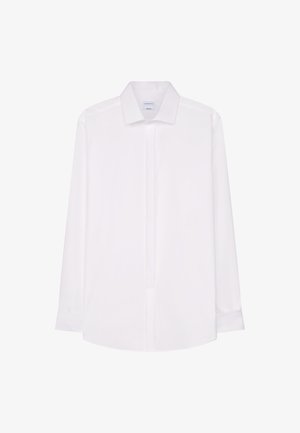 Weißes, langärmliges Hemd mit spitzem Kragen und verdeckter Knopfleiste, auf weißem Hintergrund dargestellt.