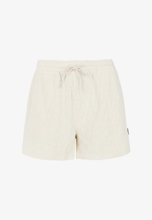 Hellbeige Shorts mit strukturierter Webart, elastischem Bund mit Kordelzug und einem kleinen Markenlabel-Akzent an der Seite.