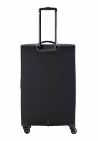 Valise rigide noire avec une poignée télescopique, quatre roues, texture lisse et design minimaliste.
