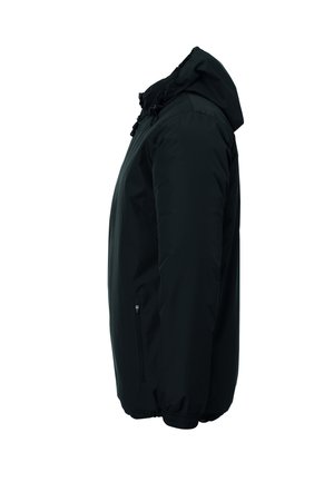 Zwarte geïsoleerde jas met een capuchon, elastische manchetten en twee zijzakken. Soepele textuur met een minimalistisch ontwerp.