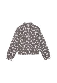 Krótkiej kurtki z szaro-białym wzorem liści, z kołnierzykiem, elastycznymi mankietami i marszczonym pasem.