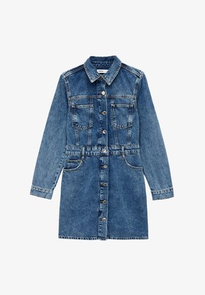 Denim-hame, jossa on pitkät hihat, napitettava etuosa, kaksi rintataskua ja säädettävä vyötärö. Ominaisuuksiin kuuluu vaalea sininen pesu ja tavallinen kaulus.