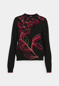 Black sweater featuring long sleeves and a round neckline. Detailed with pink and gold floral embroidery. Ribbed cuffs and hem.