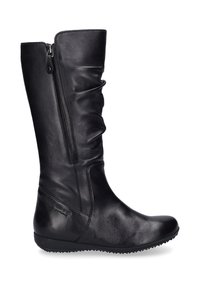 Bota de cuero negra hasta la rodilla con un diseño arrugado, cremallera lateral, punta redondeada y suela de goma texturizada con pequeñas protuberancias de tracci�ón.