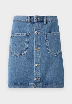 Denim skirt with a light blue hue, featuring a front button closure, two patch pockets, and a straight cut. Fabric has a classic texture.