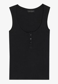 Black ribbed tank top with a scoop neckline and four button placket at the front. Fabric appears soft with a fitted shape.