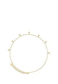 Collier en chaîne dorée avec sept pendentifs en forme d'étoile, présentant un design délicat et un fermoir réglable pour un ajustement personnalisé.