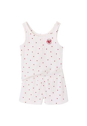 White sleeveless romper with red heart pattern, elastic waist shorts, and small red circular text logo on chest.