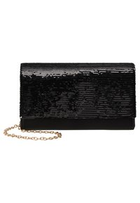 Pochette noire avec une partie supérieure pailletée et une base en tissu lisse. Dispose d'une bandoulière chaîne dorée et d'une forme rectangulaire.