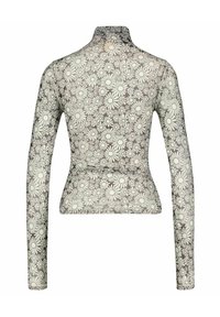 Maglia a maniche lunghe con collo alto; presenta un motivo floreale bianco su sfondo grigio chiaro; realizzata in un tessuto elastico e leggero.