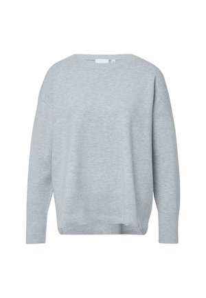 Hellgrauer langärmliger Strickpullover mit gerippten Bündchen, Saum und Rundhalsausschnitt, präsentiert vor einem weißen Hintergrund.