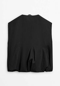 Veste sans manches noire avec un ourlet droit et de légers plis, vue de dos sur un fond blanc uni.