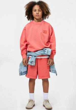 Niño con cabello rizado vistiendo sudadera rosa y pantalones cortos, chaqueta vaquera atada a la cintura, calcetines blancos y zapatos beige, de pie contra un fondo blanco.