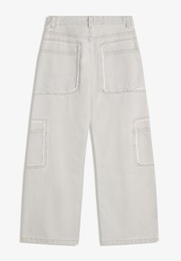 Light grey wide-leg pants with frayed edge patch pockets on back and sides, belt loops, and visible stitching details.