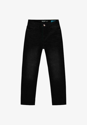 Zwarte denim jeans met een rechte pasvorm, een klassieke vijf-pocket stijl en een metalen knoopsluiting in de taille. Subtiele textuurdetail.