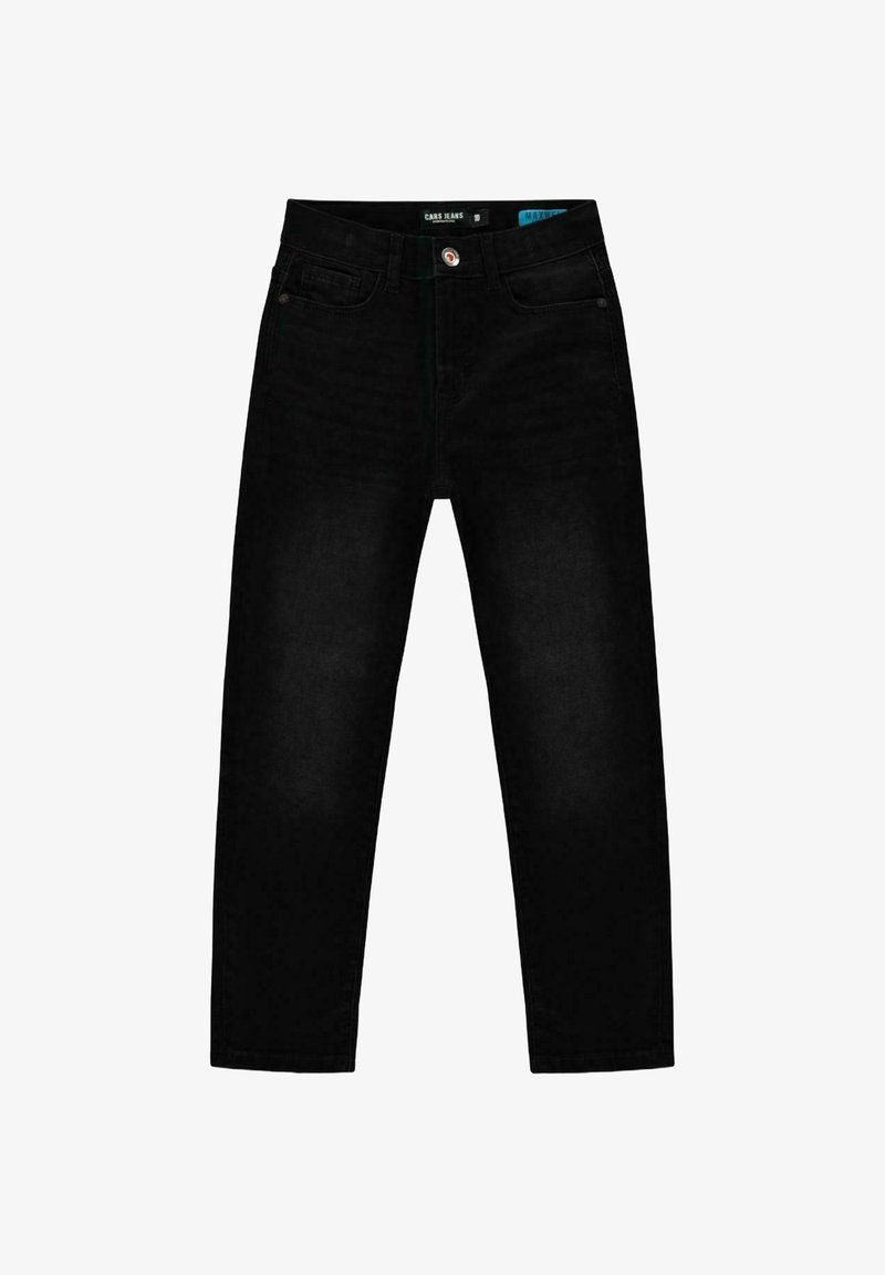 Zwarte denim jeans met een rechte pasvorm, een klassieke vijf-pocket stijl en een metalen knoopsluiting in de taille. Subtiele textuurdetail.