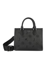 Borsa a mano in pelle nera con motivi floreali e lettere in rilievo, manici superiori doppi e una tracolla staccabile. Presenta un design strutturato.