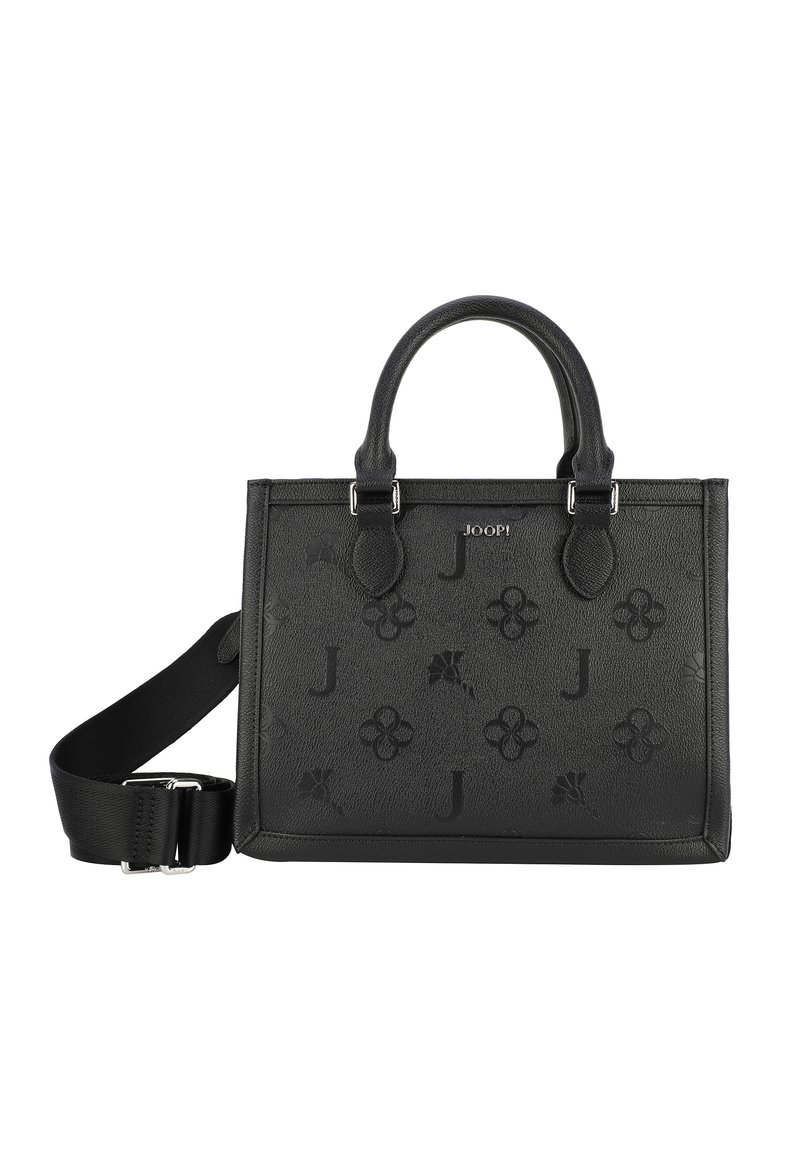 Borsa a mano in pelle nera con motivi floreali e lettere in rilievo, manici superiori doppi e una tracolla staccabile. Presenta un design strutturato.