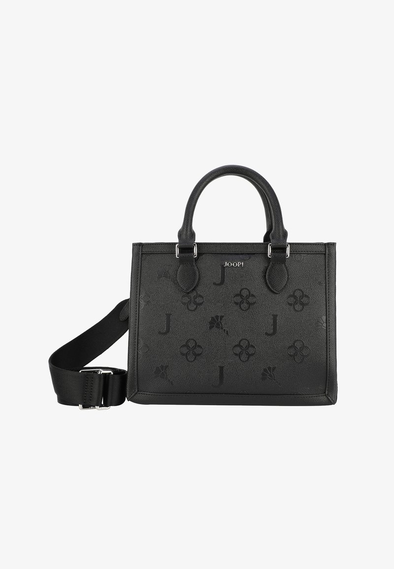 Borsa a mano in pelle nera con motivi floreali e lettere in rilievo, manici superiori doppi e una tracolla staccabile. Presenta un design strutturato.