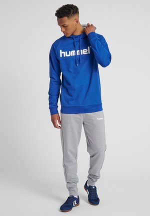 Blå hoodie med hvidt logo, grå joggerbukser med hvid tekst og blå sportsko; glat stof; afslappet pasform; snøre til hætten.