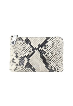 Small rectangular zippered pouch with black, gray, and white snakeskin pattern and silver zipper pull on a white background.