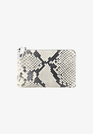 Small rectangular zippered pouch with black, gray, and white snakeskin pattern and silver zipper pull on a white background.