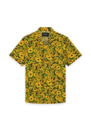 Chemise à manches courtes avec un motif floral vibrant jaune et vert présentant des tournesols densément disposés sur un fond vert foncé.
