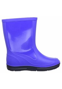 Botte de pluie en caoutchouc violette avec une finition brillante, hauteur mi-mollet, bout arrondi et semelle noire. Texture lisse avec un minimum de détails.