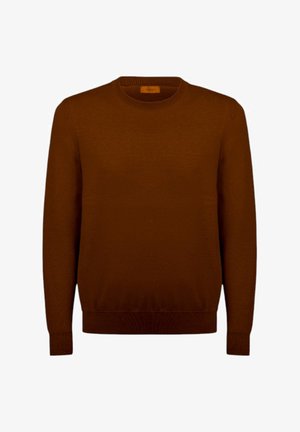 Maglione marrone a maglia con collo rotondo, maniche lunghe e orlo a coste. Tessuto liscio e cuciture uniformi in tutta la superficie. Nessun motivo o dettaglio aggiuntivo.